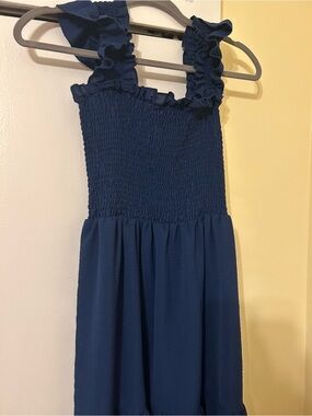 Girls Navy Blue Smocked Ruffle Strap Dress